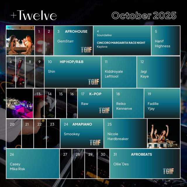 Rev up, as October’s about to get loud. From Afrobeats heat to Hip Hop and R&B anthems, every beat’s built to keep you moving. Mark it, lock it, bring your crew - this month’s soundtrack is pure fire.

🎧DJs
@gemstarrgram @djsoundalike @djkaylova @djhanif @djhighnessoffical @djshinsg @kiddroyalemusic @lefttool @dj.jagi @kayevman @djraw.sg @reikolah
@kennerve @fadille @djyujin @djsmookey @nnicolelim @dj_hardbreaker @officialdjcasey @mikeriskdj @olliesan

#plustwelvesg #thepalawansentosa #beachclub
#bestbeachclub #sentosa