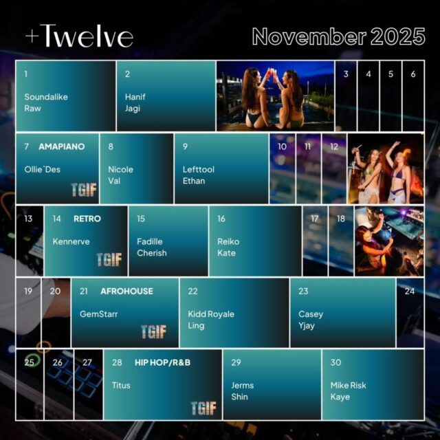 The dance floor is calling. Our November line-up is packed with slick beats and high-energy vibes.  Don’t just spend your weekends—own them.​

Snag your tables via link in bio.​

​🎧DJs​
@djsoundalike @djraw.sg @djhanif @dj.jagi @olliesan @nnicolelim @valeriefooo @lefttool @_djethan @kennerve @fadille @djcherish @reikolah @pie0718 @gemstarrgram @kiddroyalemusic @yourboylings @officialdjcasey @djyujin @dj_titus @datjerms @djshinsg @mikeriskdj @kayevman​

#plustwelvesg #thepalawansentosa #beachclub ​#bestbeachclub #sentosa
