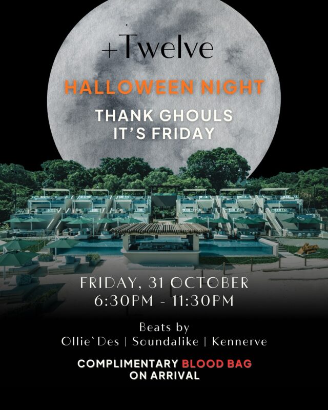 Trick, treat, and turn up the heat this Halloween!

Get your spooky glow on with face painting, “bloody good” mocktails, and spooky cocktails — it’s going to be deliciously dark.

Catch @olliesan, @djsoundalike, and @kennerve spinning from 6:30pm on 31 Oct.

👻 Halloween cocktails available for one night only!

Book via link in bio.

#plustwelvesg #thepalawansentosa #beachclub #bestbeachclub #sentosa #TGIF #plustwelveTGIF #halloween