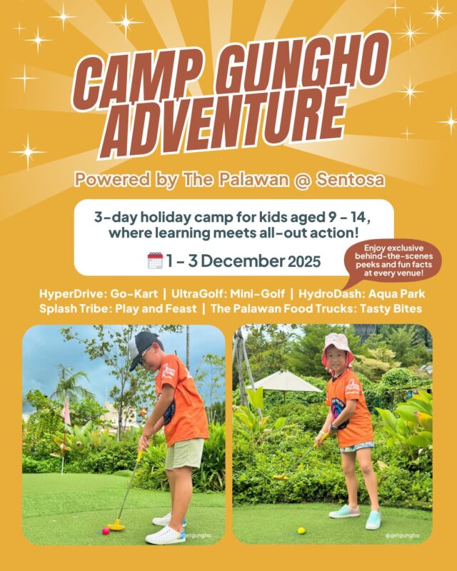 𝗖𝗮𝗺𝗽 𝗚𝘂𝗻𝗴𝗛𝗼 𝗔𝗱𝘃𝗲𝗻𝘁𝘂𝗿𝗲 – 𝗽𝗼𝘄𝗲𝗿𝗲𝗱 𝗯𝘆 𝗧𝗵𝗲 𝗣𝗮𝗹𝗮𝘄𝗮𝗻 @ 𝗦𝗲𝗻𝘁𝗼𝘀𝗮​

⛳️ Mini golf magic awaits! Young putters get to sharpen their focus, build coordination and master their aim - all while having a blast on the kid-friendly greens at UltraGolf!​

🗓️ 1 – 3 December 2025​
Get ready for hands-on learning, and adrenaline-filled fun across HyperDrive, UltraGolf, HydroDash and Splash Tribe - complete with exclusive behind-the-scenes peeks at every stop! ​

👉 Learn more and register through the link in our bio ​

#thepalawansentosa #getgungho #sgholidaycamps2025 #sentosa