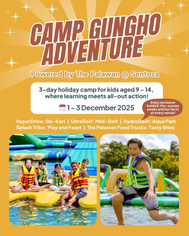 𝗖𝗮𝗺𝗽 𝗚𝘂𝗻𝗴𝗛𝗼 𝗔𝗱𝘃𝗲𝗻𝘁𝘂𝗿𝗲 – 𝗽𝗼𝘄𝗲𝗿𝗲𝗱 𝗯𝘆 𝗧𝗵𝗲 𝗣𝗮𝗹𝗮𝘄𝗮𝗻 @ 𝗦𝗲𝗻𝘁𝗼𝘀𝗮​

💦 Adventure awaits as little thrill-seekers climb, balance, and bounce through the floating obstacle course – fun, courage, and non-stop action guaranteed!​

🗓️ 1 – 3 December 2025​
Get ready for hands-on learning, and adrenaline-filled fun across HyperDrive, UltraGolf, HydroDash and Splash Tribe - complete with exclusive behind-the-scenes peeks at every stop! ​

👉 Learn more and register through the link in our bio ​

#thepalawansentosa #getgungho #sgholidaycamps2025 #sentosa