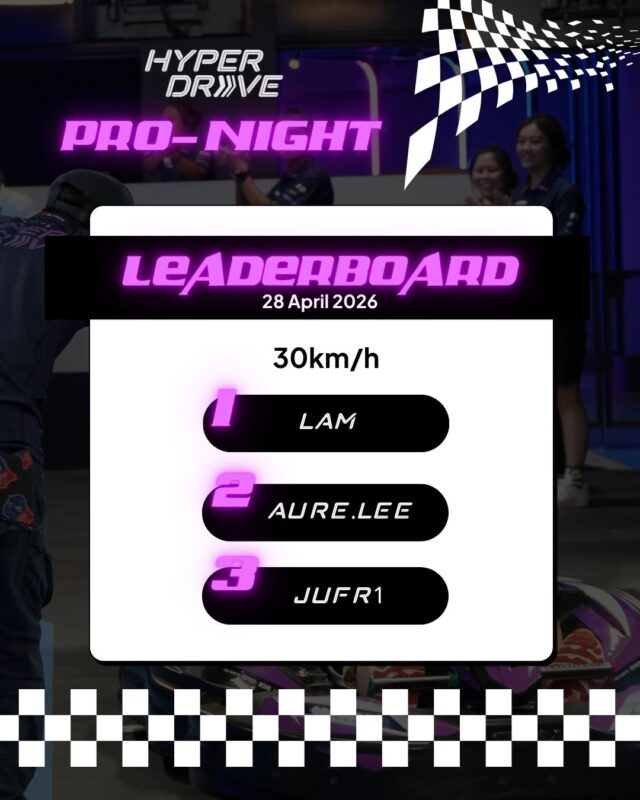 HyperDrive Pro-Night - April Leaderboard is in 🏆

Big cheers to the speedsters who ruled the track and claimed the top spots! 🏁💥 Think you’ve got what it takes to outpace them? Sign up for the upcoming Pro-Night now:

🏁Tuesday, 26 May 2026 – 7pm to 9:45pm
🏁Tuesday, 30 June 2026 – 7pm to 9:45pm
🏁Tuesday, 28 July 2026 – 7pm to 9:45pm

*Only for racers with lap times of 36 seconds or faster.

Learn more and register in our bio 🔗

#thepalawansentosa #hyperdrivesg #gokarting #racing #sentosa