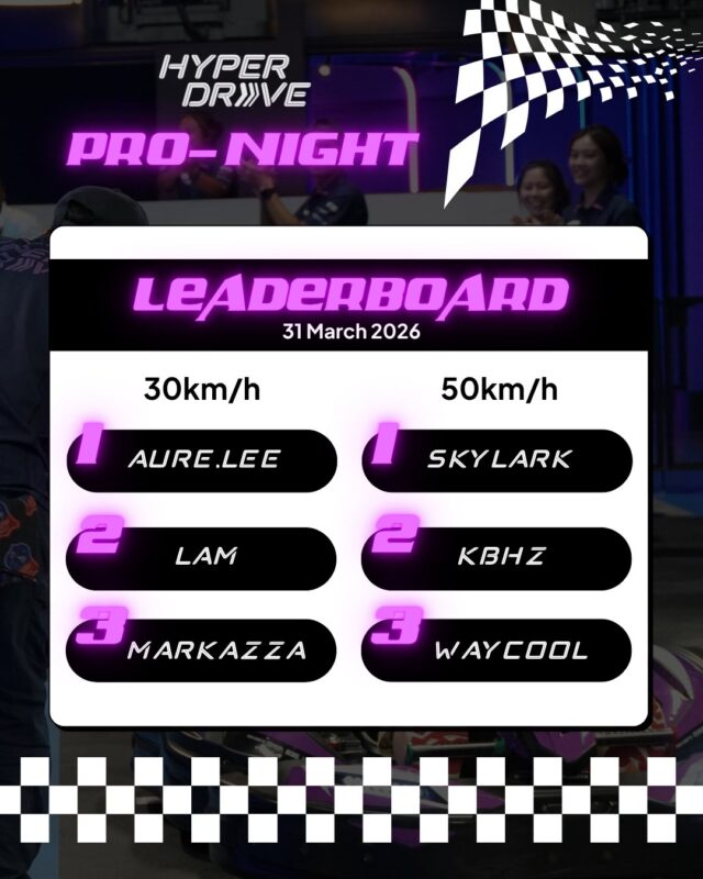 HyperDrive Pro-Night - March Leaderboard is in 🏆

Big cheers to the speedsters who ruled the track and claimed the top spots! 🏁💥Think you’ve got what it takes to outpace them? Sign up for the upcoming Pro-Night now:

🏁Tuesday, 28 April 2026 – 7pm to 9:45pm
🏁Tuesday, 26 May 2026 – 7pm to 9:45pm
🏁Tuesday, 30 June 2026 – 7pm to 9:45pm

*Only for racers with lap times of 36 seconds or faster.

Learn more and register in our bio 🔗

#thepalawansentosa #hyperdrivesg #gokarting #racing #sentosa