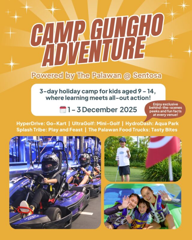 [❗𝗟𝗮𝘀𝘁 𝗰𝗮𝗹𝗹❗]𝗖𝗮𝗺𝗽 𝗚𝘂𝗻𝗴𝗛𝗼 𝗔𝗱𝘃𝗲𝗻𝘁𝘂𝗿𝗲 – 𝗽𝗼𝘄𝗲𝗿𝗲𝗱 𝗯𝘆 𝗧𝗵𝗲 𝗣𝗮𝗹𝗮𝘄𝗮𝗻 @ 𝗦𝗲𝗻𝘁𝗼𝘀𝗮​ 
​
From 1–3 December 2025, kids aged 9–14 can dive into an action-packed holiday camp filled with thrilling play, tasty bites, and exclusive behind-the-scenes tours at our attractions! 

They will uncover HyperDrive’s race secrets, pick up golfing tips at UltraGolf, and explore HydroDash inflatables with fun demos and safety know-hows.�
👉 Last day to register, click the link in our bio ​now!
​
#thepalawansentosa #getgungho #sgholidaycamps2025 #sentosa