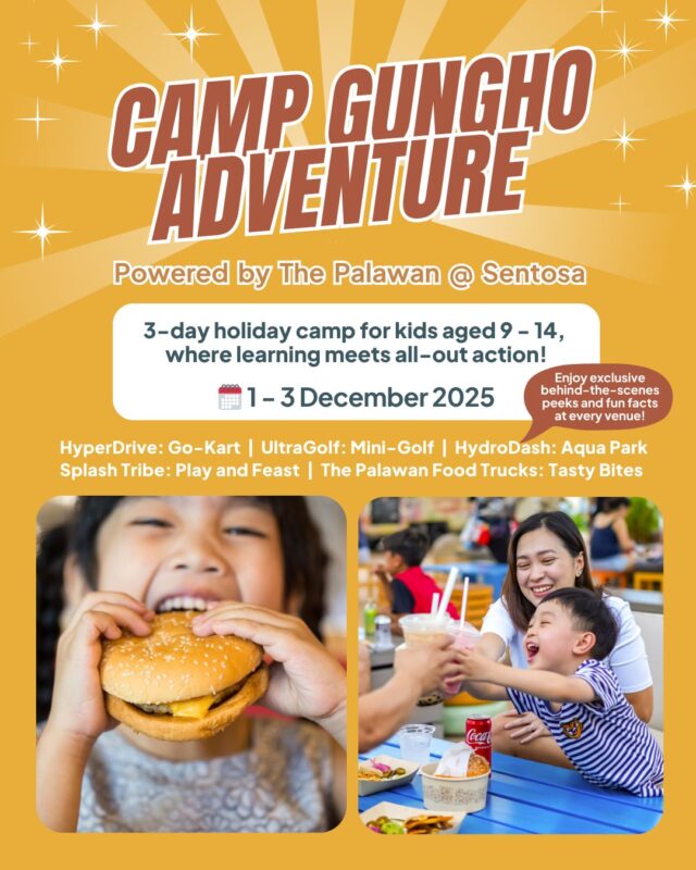 𝗖𝗮𝗺𝗽 𝗚𝘂𝗻𝗴𝗛𝗼 𝗔𝗱𝘃𝗲𝗻𝘁𝘂𝗿𝗲 – 𝗽𝗼𝘄𝗲𝗿𝗲𝗱 𝗯𝘆 𝗧𝗵𝗲 𝗣𝗮𝗹𝗮𝘄𝗮𝗻 @ 𝗦𝗲𝗻𝘁𝗼𝘀𝗮​

🍔🍟 Yummy bites await as little campers fuel up on kid-approved favourites, served fresh from our vibrant food trucks! It’s the perfect pit stop between all the fun.​

🗓️ 1 – 3 December 2025​
Get ready for hands-on learning, and adrenaline-filled fun across HyperDrive, UltraGolf, HydroDash and Splash Tribe - complete with exclusive behind-the-scenes peeks at every stop! ​

👉 Learn more and register through the link in our bio ​

#thepalawansentosa #getgungho #sgholidaycamps2025 #sentosa