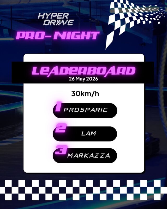 HyperDrive Pro-Night - May Leaderboard is in 🏆

Big cheers to the speedsters who ruled the track and claimed the top spots! 🏁💥 Think you’ve got what it takes to outpace them? Sign up for the upcoming Pro-Night now:

🏁Tuesday, 30 June 2026 – 7pm to 9:45pm
🏁Tuesday, 21 July 2026 – 7pm to 9:45pm
🏁Tuesday, 18 August 2026 – 7pm to 9:45pm

*Only for racers with lap times of 36 seconds or faster.

Learn more and register in our bio 🔗

#thepalawansentosa #hyperdrivesg #gokarting #racing #sentosa