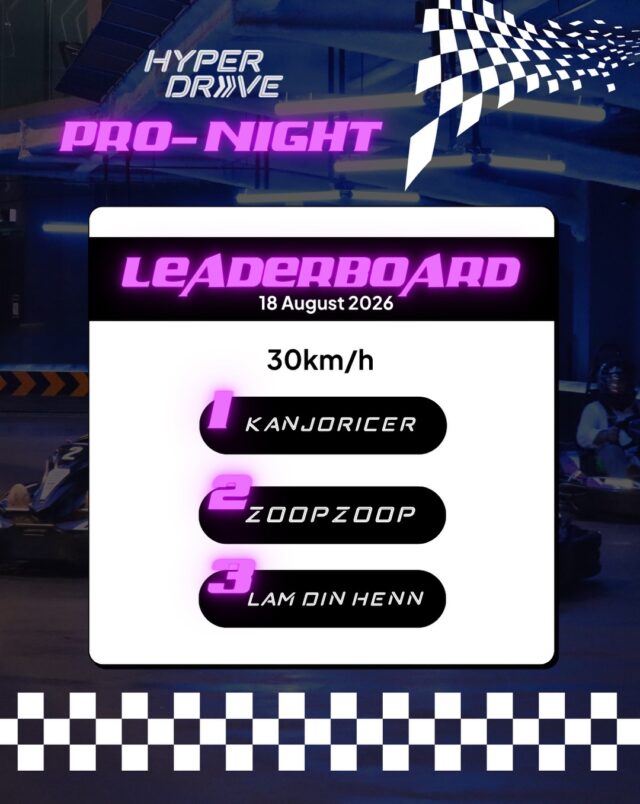 HyperDrive Pro-Night – August Leaderboard🏆​
​
Congratulations to the speedsters who ruled the track and claimed the top spots! 🏁💥 Think you’ve got what it takes to outpace them? Sign up for the upcoming Pro-Night now:​
​
🏁Tuesday, 22 September 2026 – 7pm to 9:45pm​
🏁Tuesday, 27 October 2026 – 7pm to 9:45pm​
🏁Tuesday, 24 November2026 – 7pm to 9:45pm​
​
*Open to racers with lap times of 37 seconds or faster.​
​
Learn more and register in our bio 🔗​
​
#thepalawansentosa #hyperdrivesg #gokarting #racing #sentosa