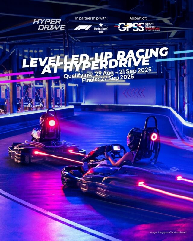 Levelled-Up Racing at HyperDrive is back! 🏎️ Feel the rush this Grand Prix Season Singapore 2025 with an adrenaline-pumping go-kart experience at HyperDrive. Race your way to the top and stand a chance to win a Heineken-themed 2D1N hotel stay at Shangri-La Rasa Sentosa, official racing merchandise, The Palawan @ Sentosa vouchers and more!
 
From 𝟐𝟗 𝐀𝐮𝐠𝐮𝐬𝐭 𝐭𝐨 𝟐𝟏 𝐒𝐞𝐩𝐭𝐞𝐦𝐛𝐞𝐫 𝟐𝟎𝟐𝟓, join the Junior or Senior race category and clock your fastest laps. The top 20 racers from each category will qualify for the final showdown on 𝟐𝟕 𝐒𝐞𝐩𝐭𝐞𝐦𝐛𝐞𝐫 𝟐𝟎𝟐𝟓. 🏆
 
👉 Visit bit.ly/levelledup2025 or link in our bio to book your race tickets now!